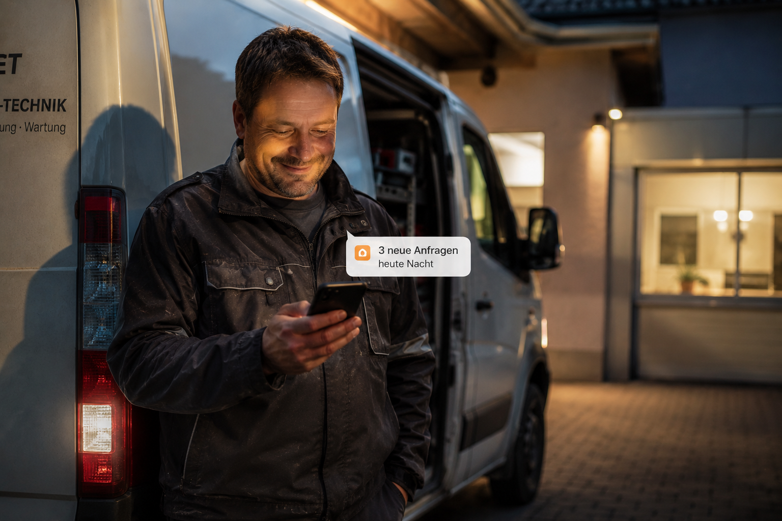 Handwerker vor dem Betriebswagen erhält Benachrichtigung über neue Anfragen